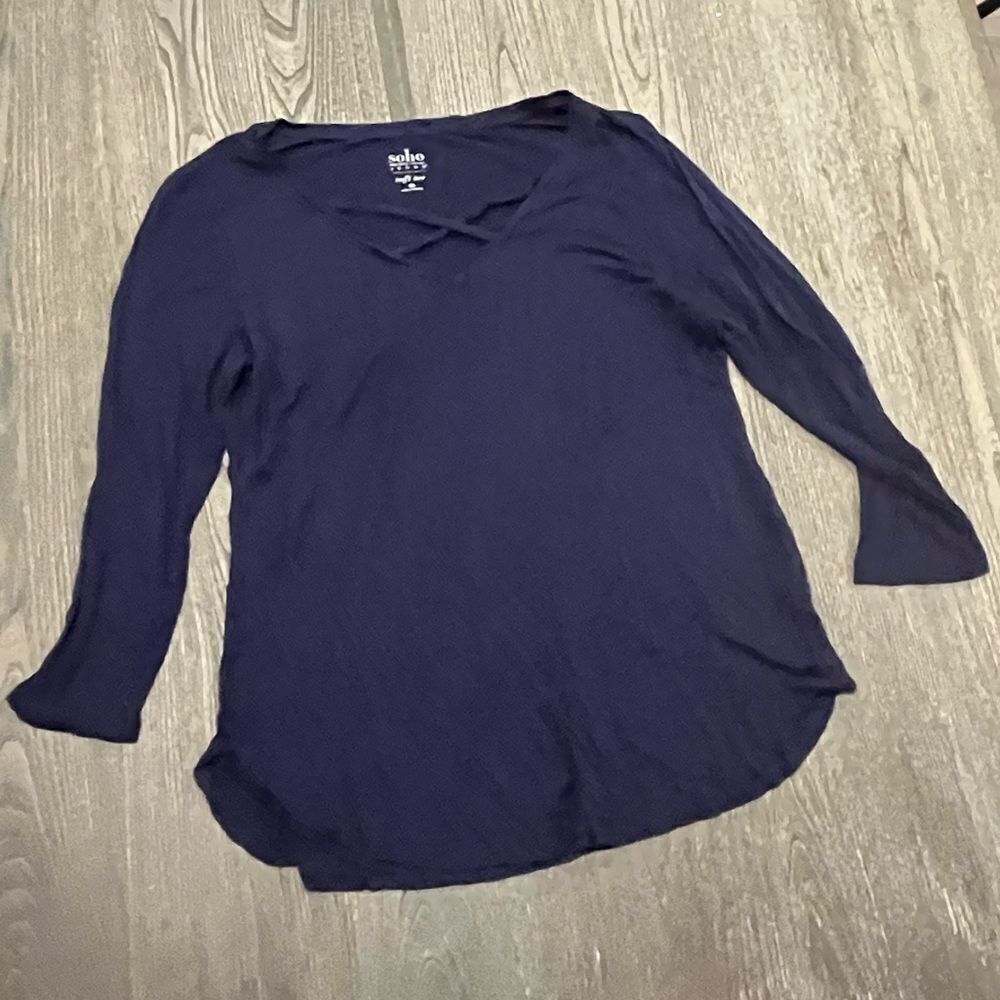 Soho Sweatshirt Cross V Neck Design Long Sleeve Tunic Navy Blue Size L